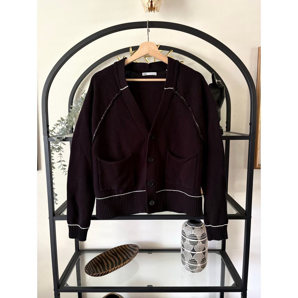 Zara Womens Medium Black Contrast Trim Knit Cardigan Button Front Sweater